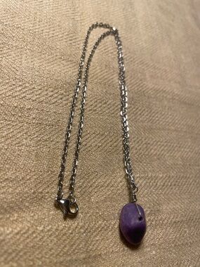 Silver Chain Necklace with Purple Stone Pendant - Women Jewelry 17”